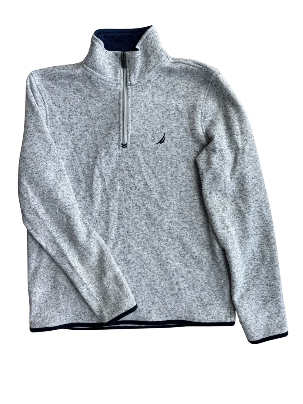 Nautica Fleece Heather Grey Marled Pullover 1/4 Zip Navy Mock neck Collar EUC S